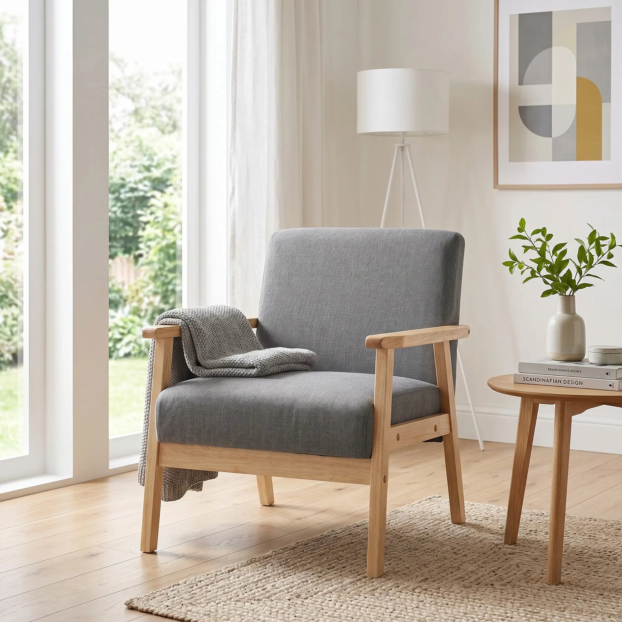 Minimalist Wood Frame Accent Chair, Thick Linen Cushions, Grey Accent Chairs at Gallery Canada