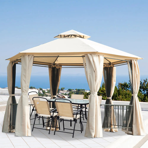 13ft Hexagon Gazebo, Outdoor Canopy Shelter, Netting, Shaded Curtains, Beige