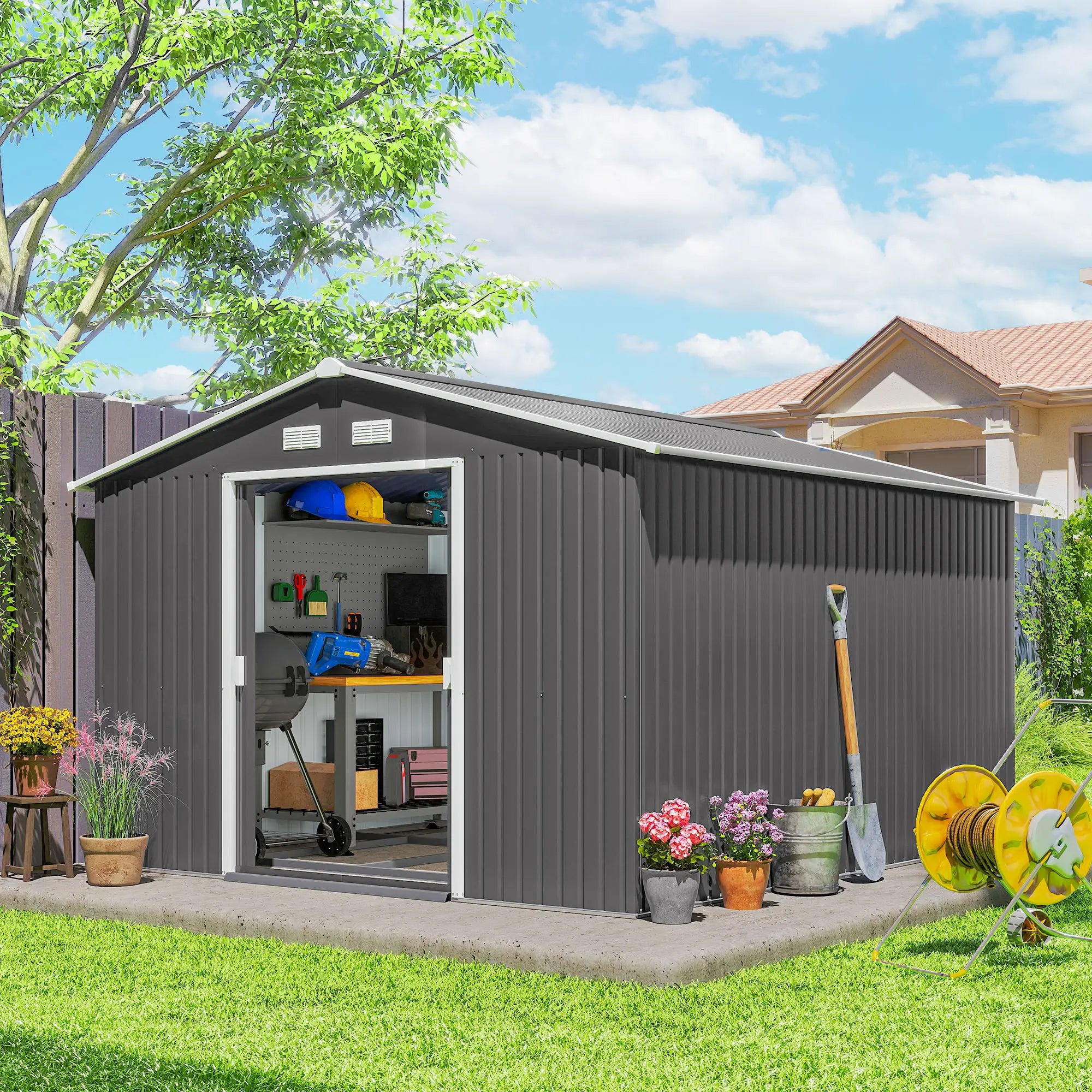9' x 10.6' Garden Storage Shed, Foundation Kit, Double Doors, Light Grey Sheds at Gallery Canada