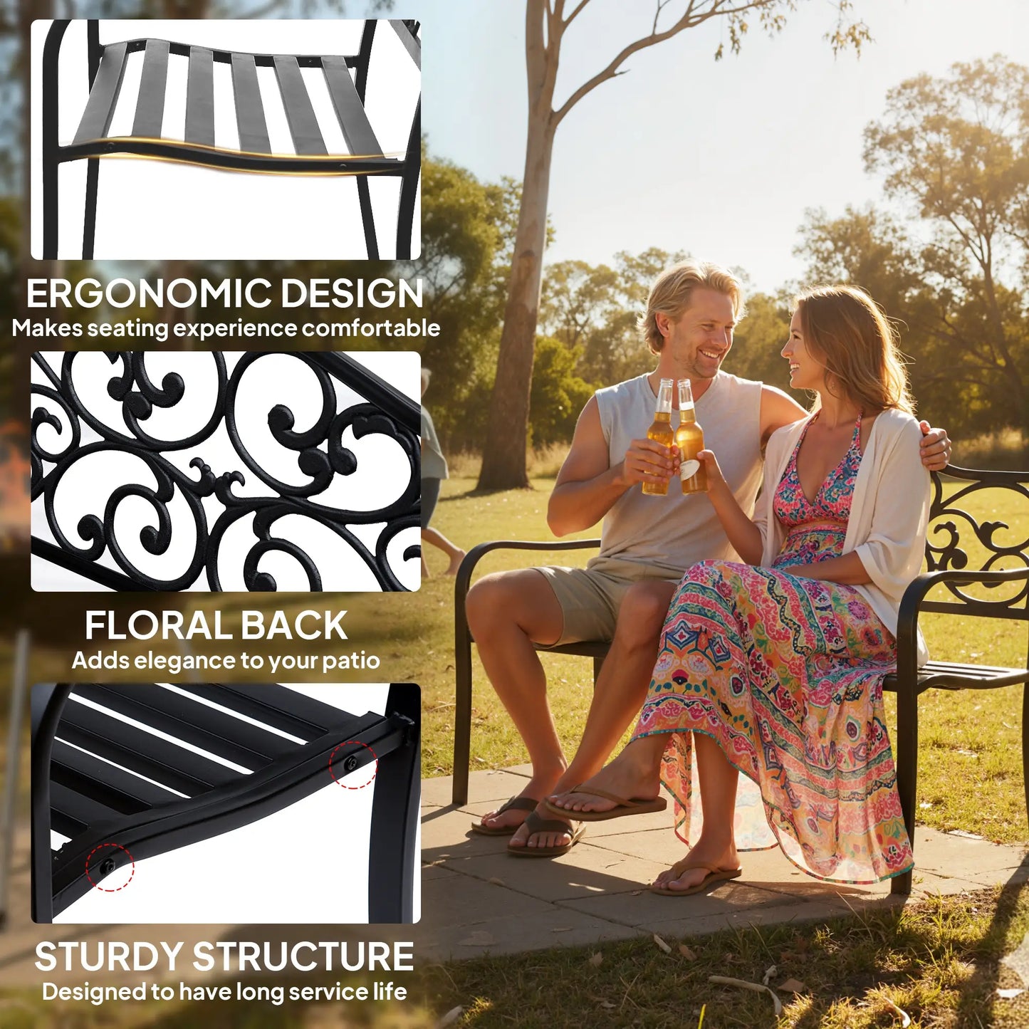 Vintage Floral Cast Metal Garden Bench, 50" x 23.6" x 35", Black Outdoor Benches at Gallery Canada