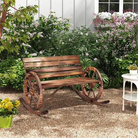 Wood Outdoor Loveseat, Carbonized, Wagon Wheel Armrests Outdoor Rocking Chairs Carbonized at Gallery Canada