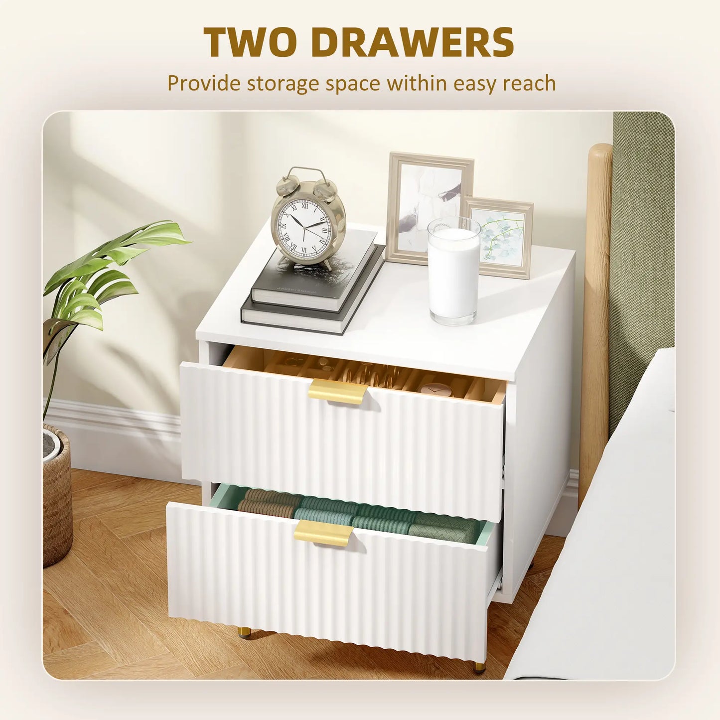 Bedside Table, Modern Nightstand with 2 Drawers, Side End Table with Metal Legs for Living Room, Bedroom, White