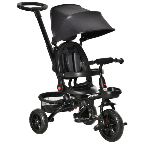 Baby Tricycle 4 In 1 Trike w/ Reversible Angle Adjustable Seat Removable Handle Canopy Handrail Belt Storage Footrest Brake Clutch for 1-5 Years Old Black