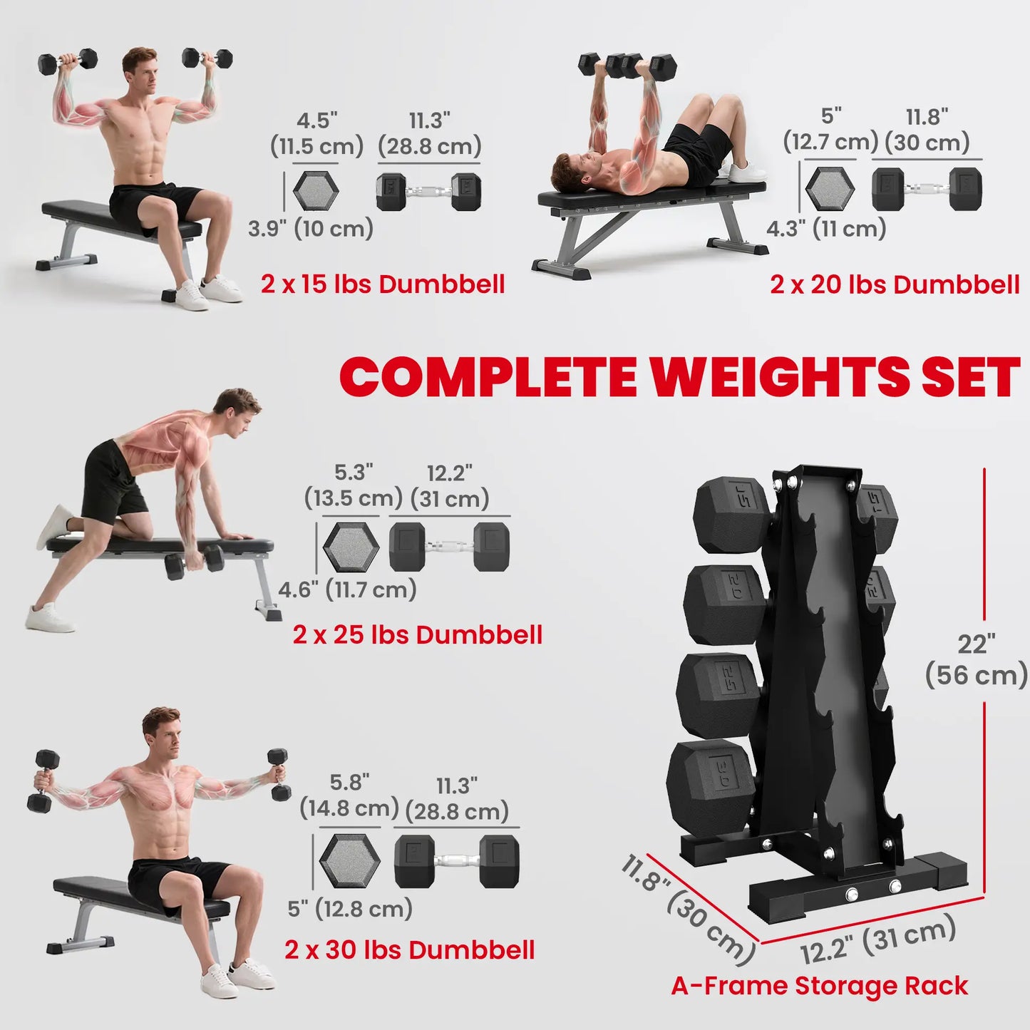 Hex Dumbbell Set With Rack, 180lbs Rubber-Coated, black