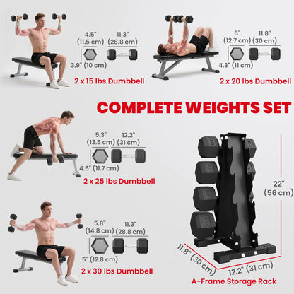 Hex Dumbbell Set With Rack, 180lbs Rubber-Coated, black