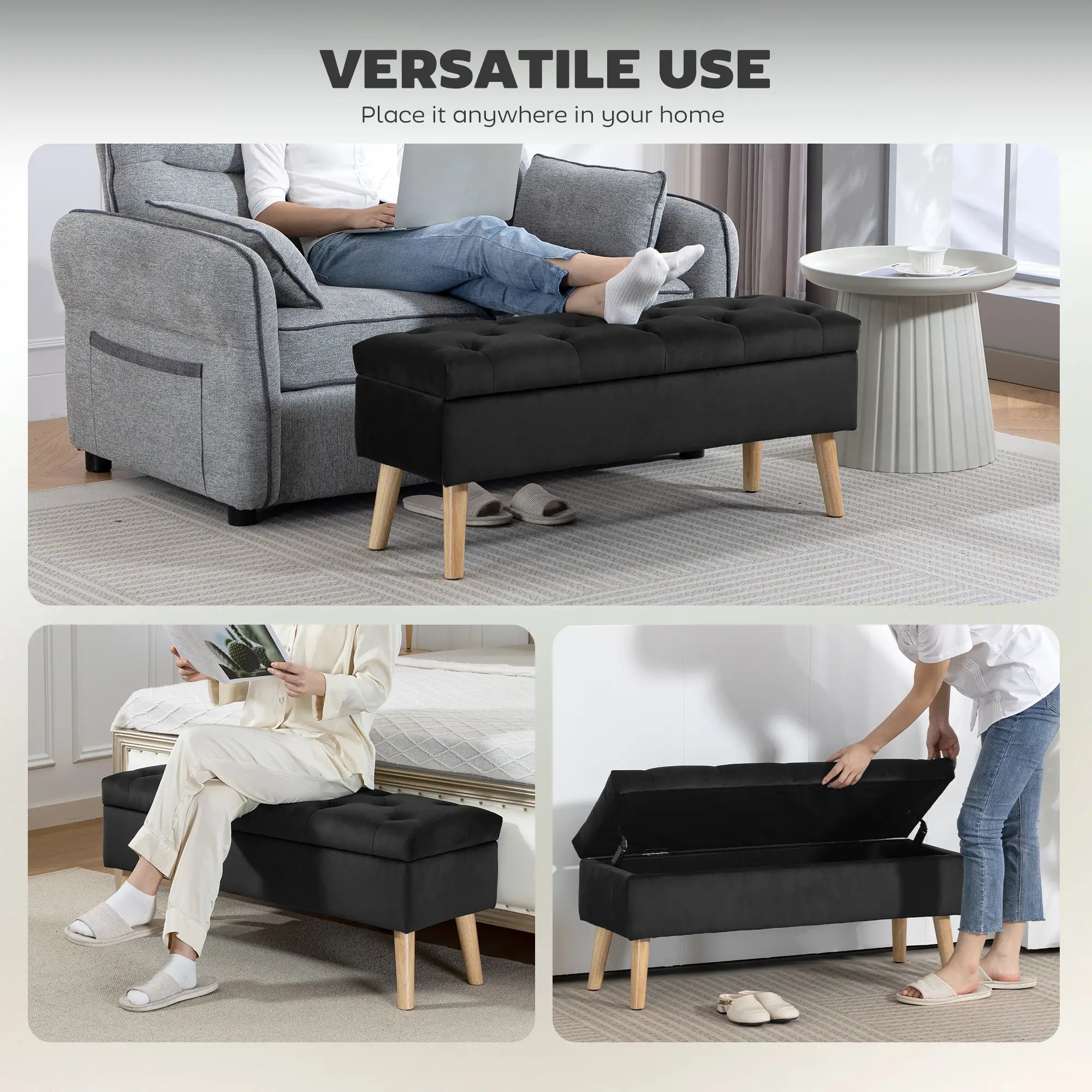 Velvet Storage Ottoman with Lid, Wood Legs, Black Storage Ottomans & Benches at Gallery Canada
