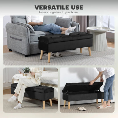 Velvet Storage Ottoman with Lid, Wood Legs, Black Storage Ottomans & Benches at Gallery Canada