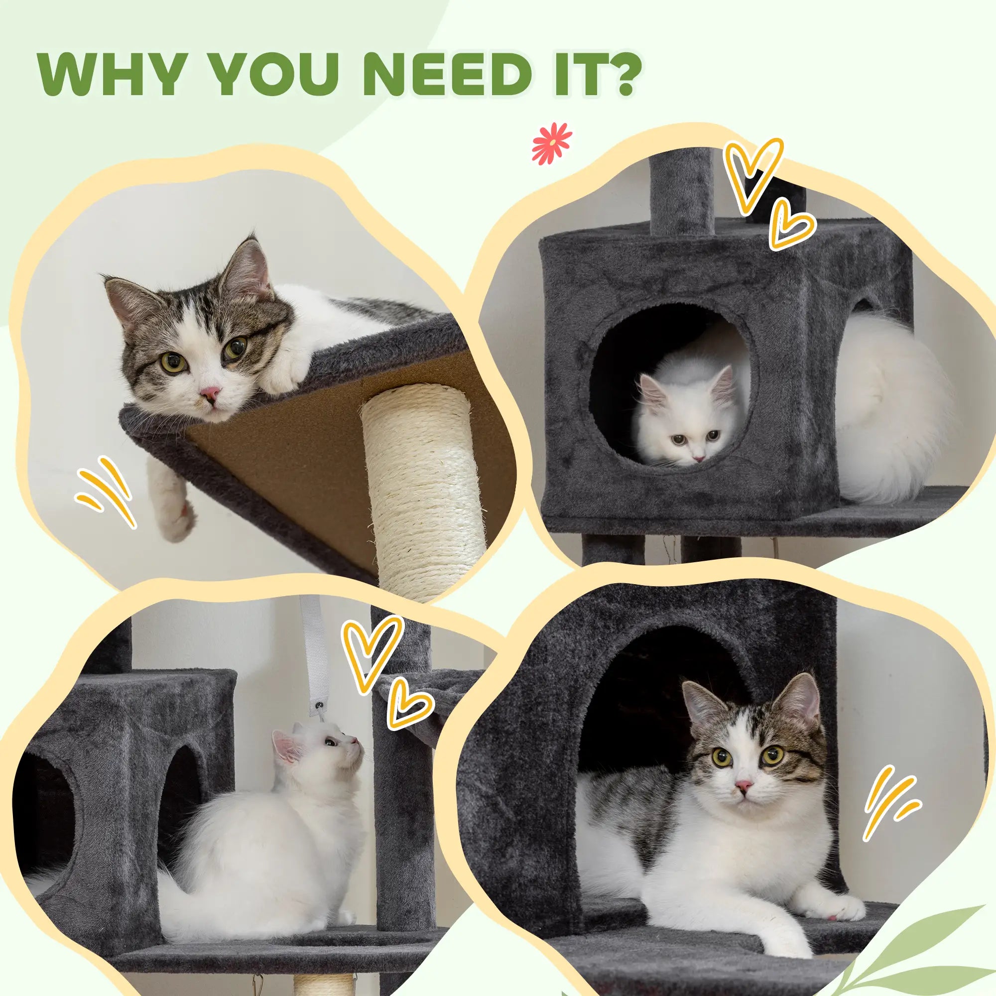 66 Inch Large Cat Tree, 2 Door Condos, 3 Hammocks, Plush Perch, Sisal Posts, Dark Grey Cat Trees at Gallery Canada