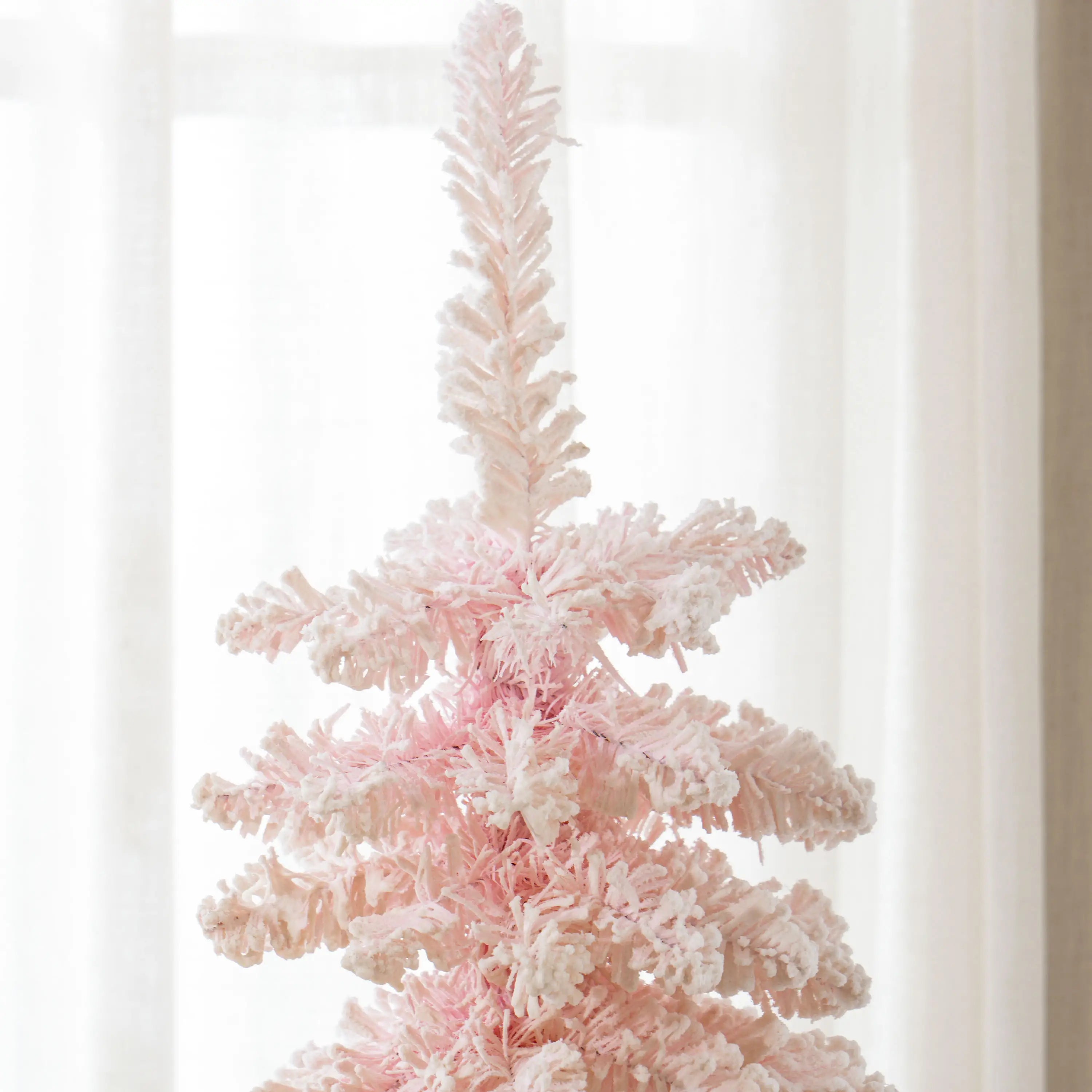 6ft Snow-Flocked Slim Pencil Christmas Tree, 395 Branches, Metal Base, Pink Pencil Christmas Trees at Gallery Canada