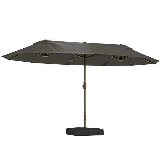 15' Outdoor Patio Umbrella, Twin Canopy Sunshade, Steel Table, Lift Crank, Dark Grey