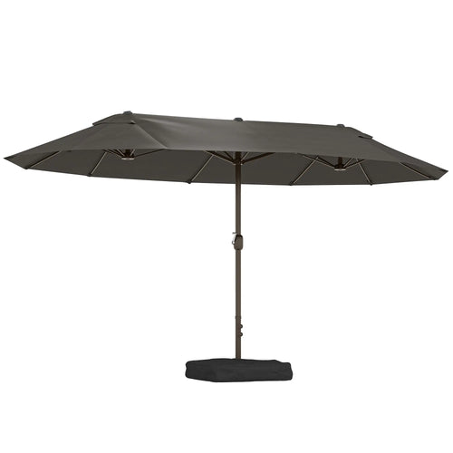 15' Outdoor Patio Umbrella, Twin Canopy Sunshade, Steel Table, Lift Crank, Dark Grey
