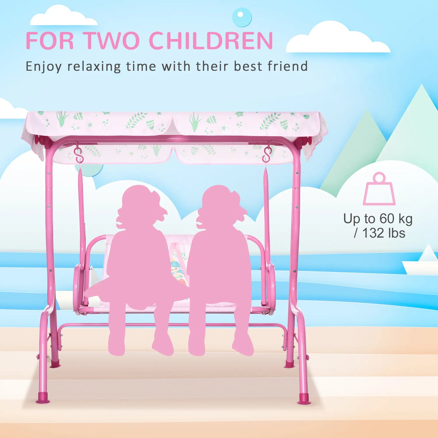 2-Seat Kids Porch Swing, Outdoor Chair with Canopy, Seat Belt, Mermaid, Pink Gym Sets & Swings at Gallery Canada