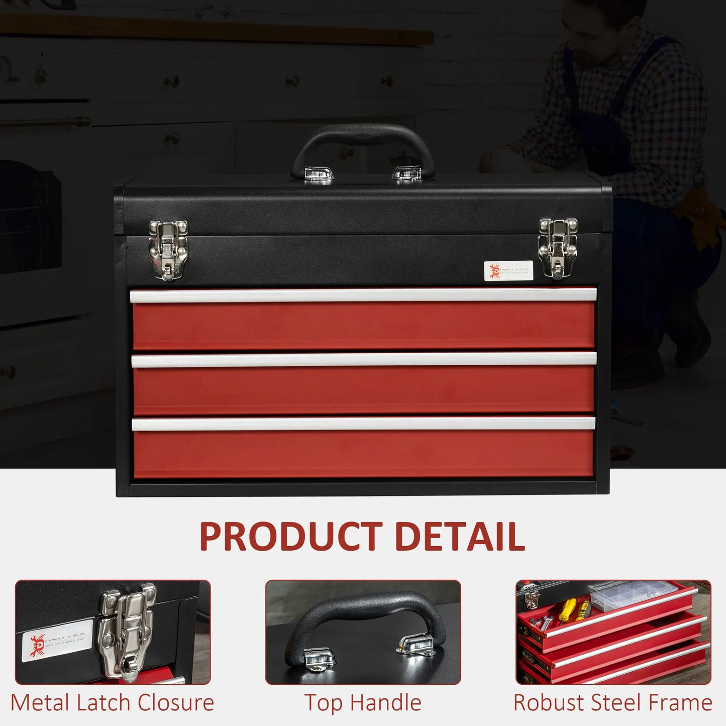 20" Portable Metal Tool Box, 3 Drawer Lockable Chest, Red Tool Organizers at Gallery Canada