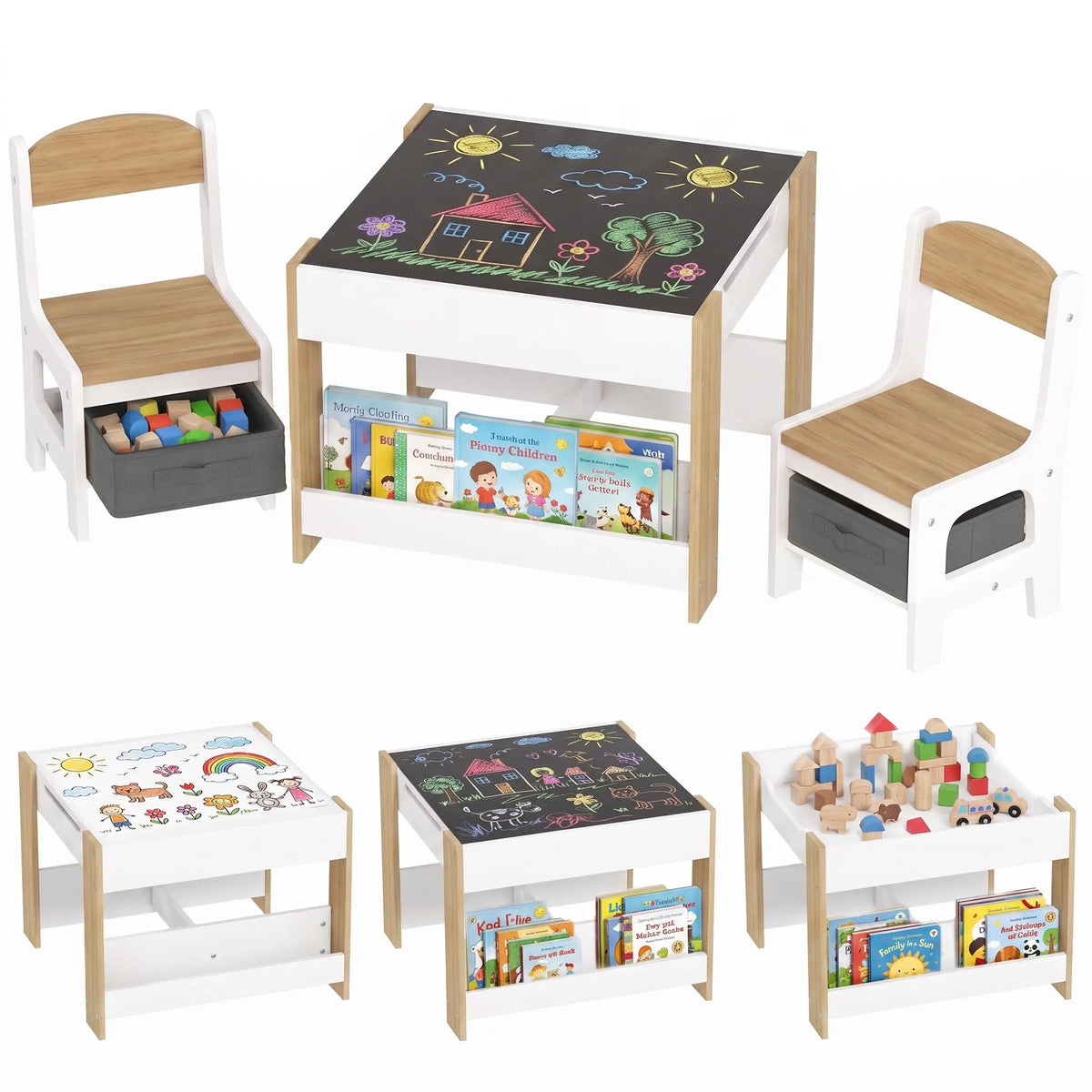 3 Piece Kids Table and Chair Set, Reversible Tabletop, Blackboard, Storage, Bookshelf, Natural Kids Table Sets at Gallery Canada