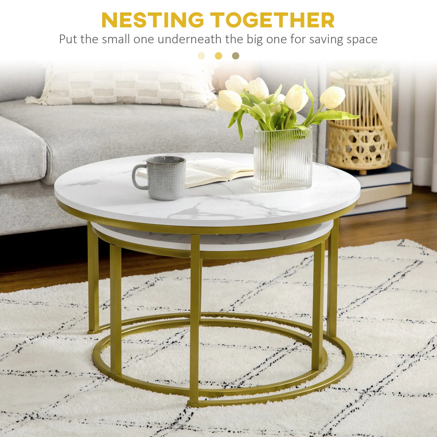 29" Round Nesting Tables, Set of 2, Modern Side Tables, White Coffee Tables at Gallery Canada