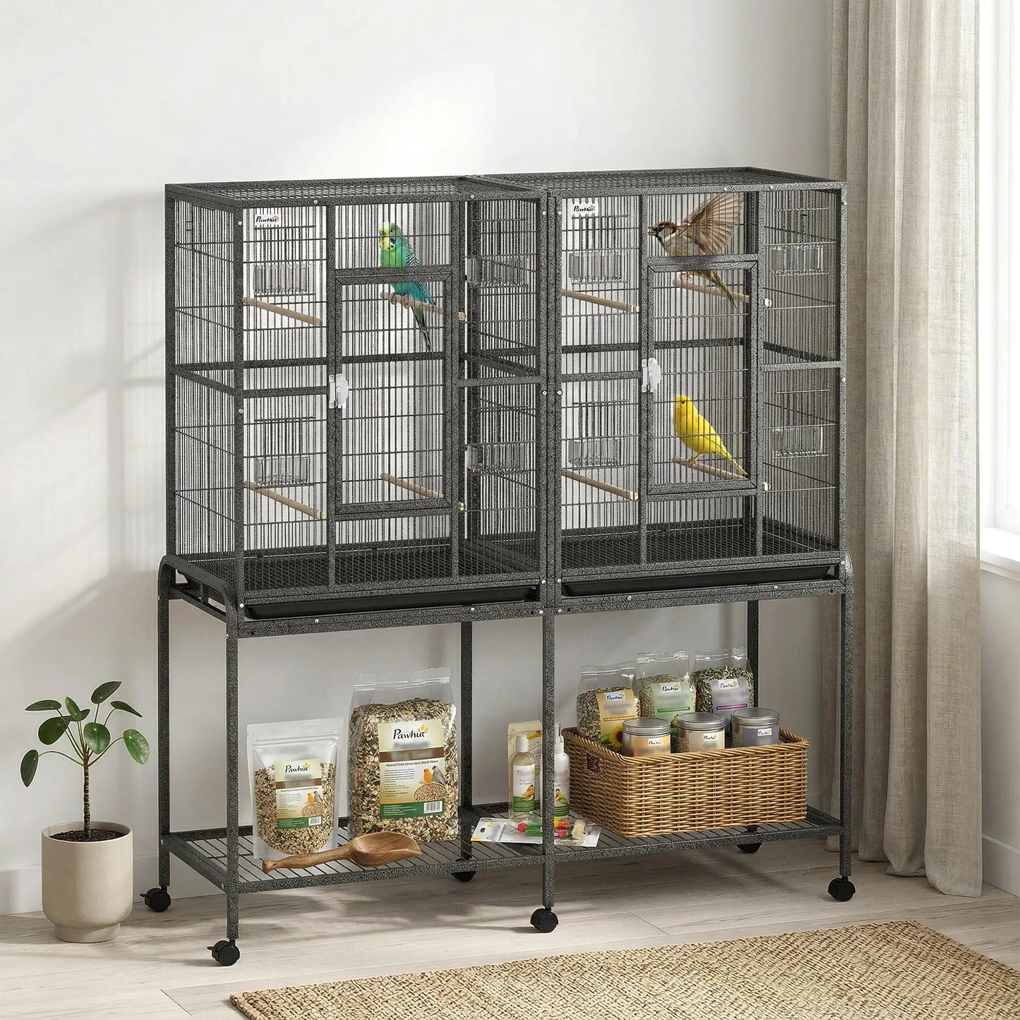 56"H Bird Cage, Parrot Cage w/ Detachable Rolling Stand, Removable Tray, Storage Shelf, Perches, Food Container Bird Cages at Gallery Canada