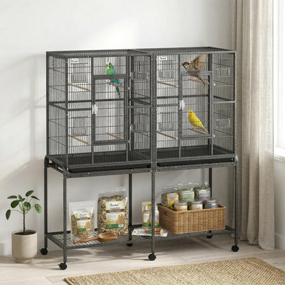 56"H Bird Cage, Parrot Cage w/ Detachable Rolling Stand, Removable Tray, Storage Shelf, Perches, Food Container Bird Cages at Gallery Canada