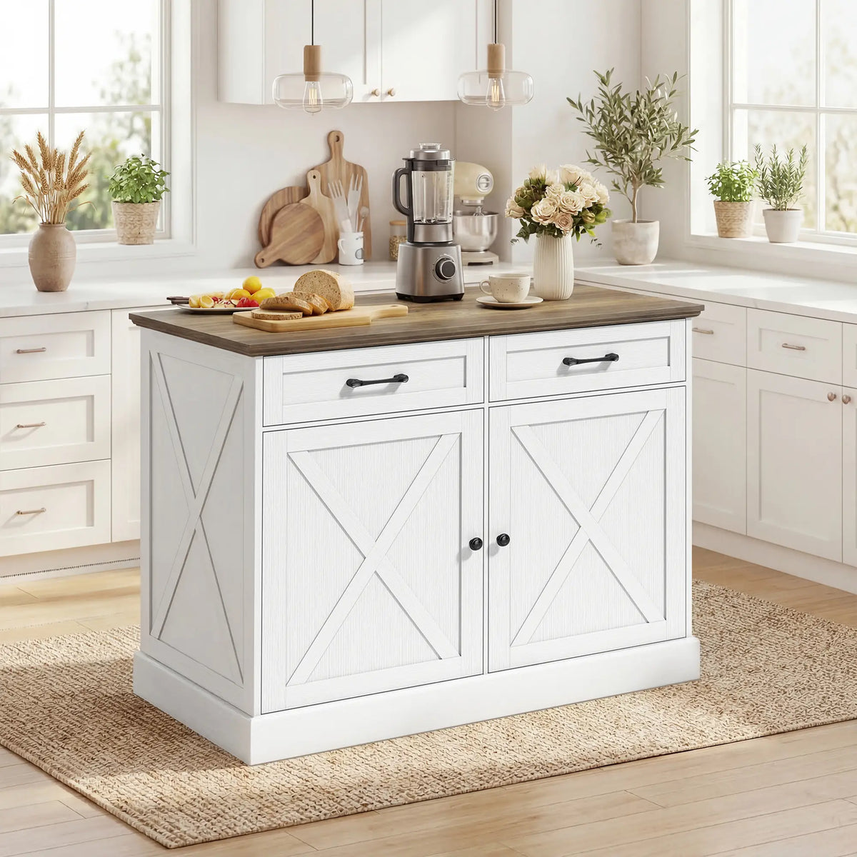 Kitchen Island with Sitting Space, Sideboard Cabinet with 2 Drawers and 2 Adjustable Shelves for Dining Room, White