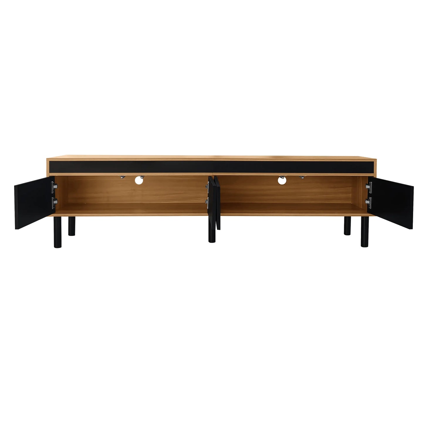 Elegant Stripe Design Stand, Sturdy Wooden Legs, 3 Doors, 67" L x 15" W x 18.5" H, Natural, Black TV Stands at Gallery Canada