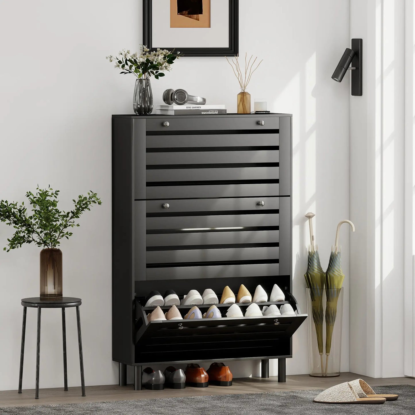 Narrow Shoe Storage Cabinet, 3 Flip Drawers, Adjustable Shelves, 24 Pairs, Black Shoe Storage Cabinets & Racks at Gallery Canada