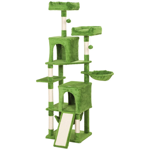 Cat Tree, 70 Inch Multi-Level Tower, 2 Condos, 2 Perches, Hammock, Green