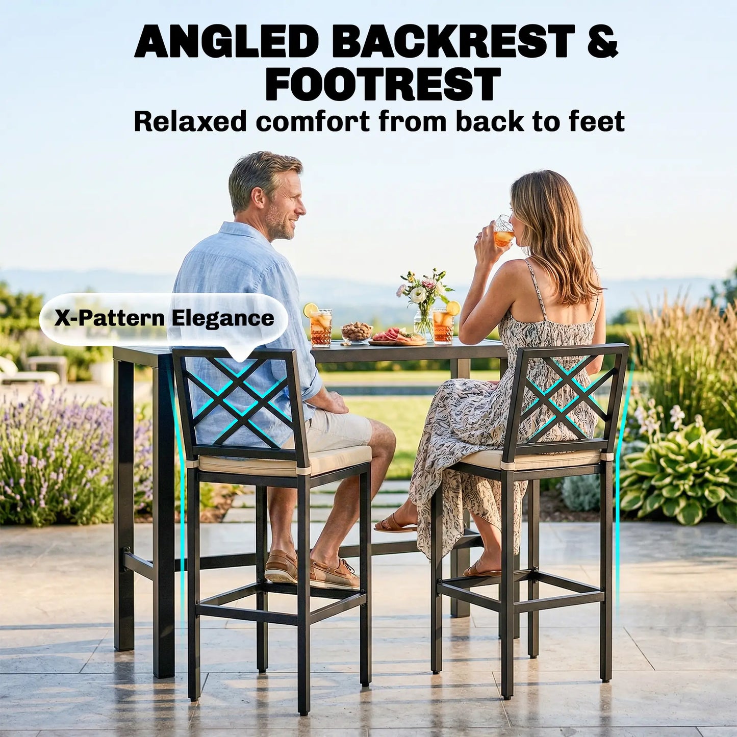 3 Piece Patio Bar Set, Outdoor Bar Table and Stools, Electrophoresis Steel Tabletop, X Back, Footrest, Cushions, Khaki Bistro Sets at Gallery Canada