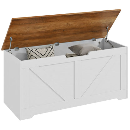 39.4 Inches Storage Chest, Brown White Wood Grain, Safety Hinges, Brown White