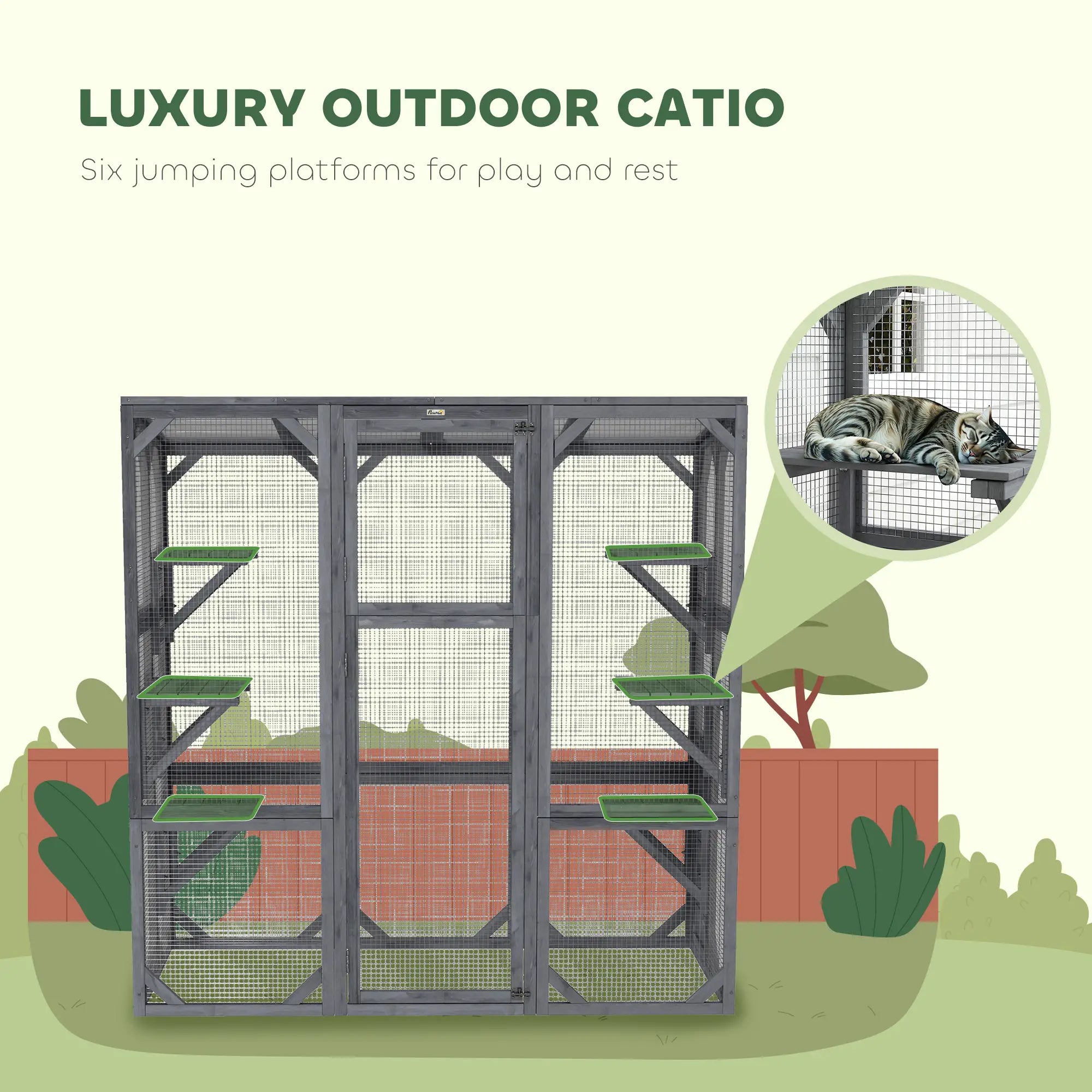 Outdoor Cat Enclosure, 6 Jumping Platforms, Weatherproof Roof, Large Door, 59