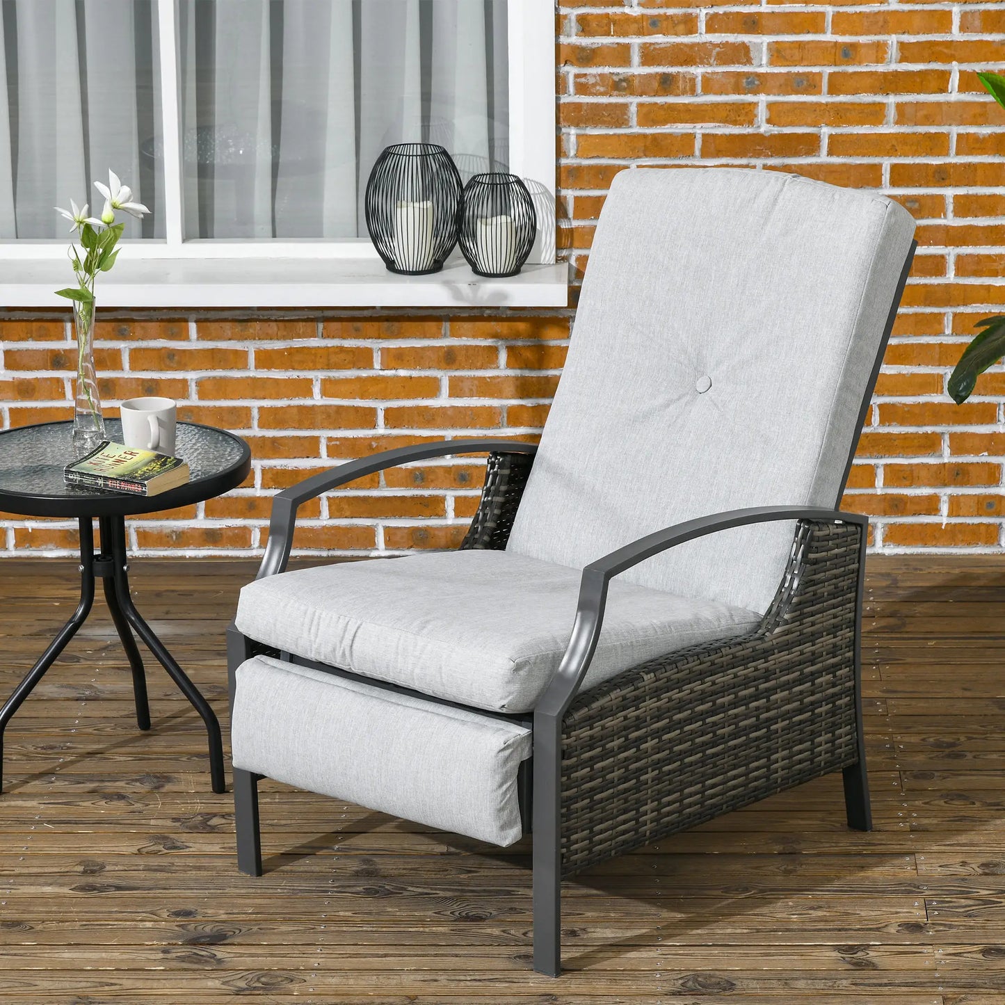 Outdoor Rattan Recliner Chair, Adjustable Back, Retractable Footrest, Light Grey Chaise Loungers at Gallery Canada