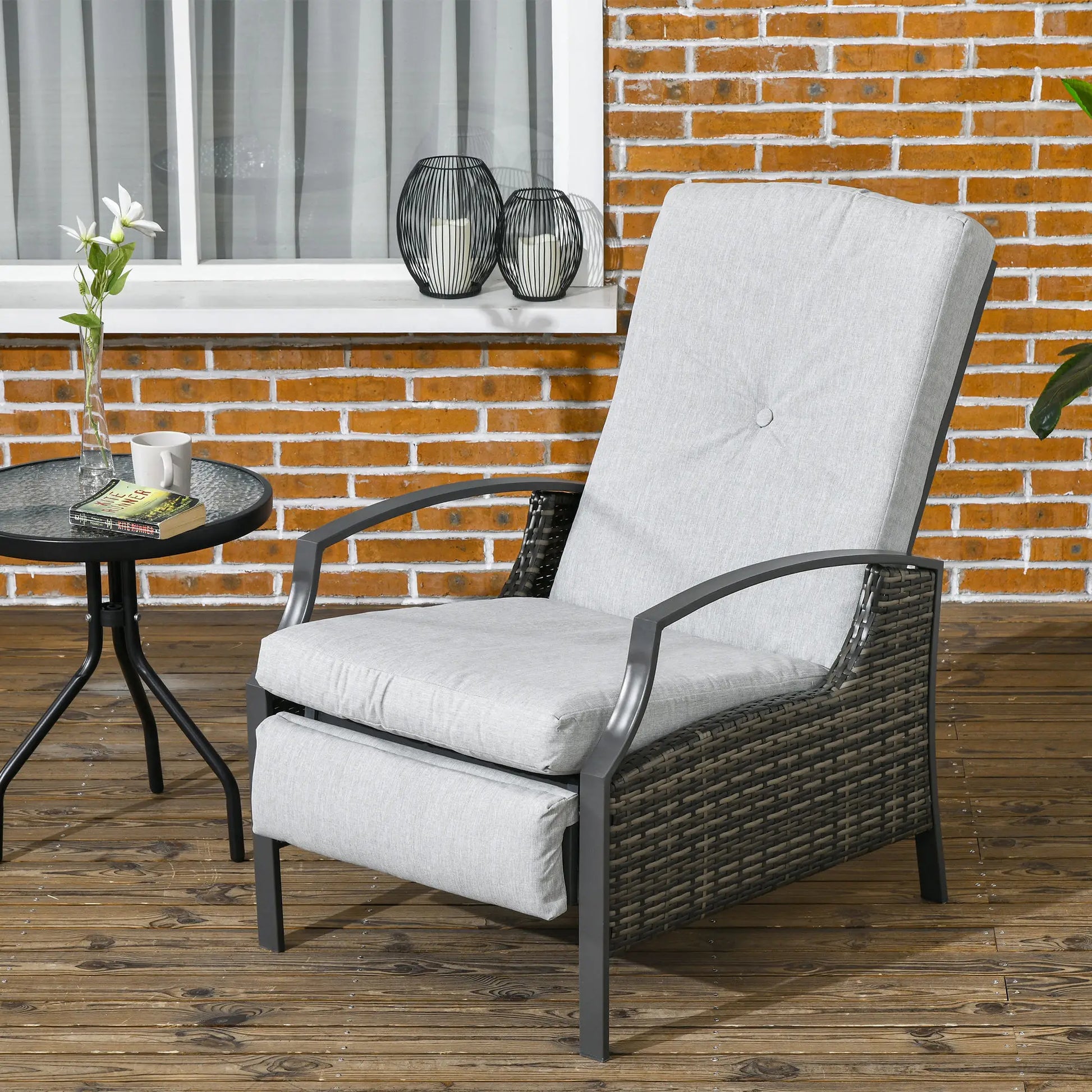 Outdoor Rattan Recliner Chair, Adjustable Back, Retractable Footrest, Light Grey Chaise Loungers at Gallery Canada