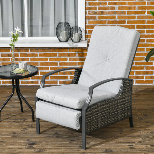 Outdoor Rattan Recliner Chair, Adjustable Back, Retractable Footrest, Light Grey