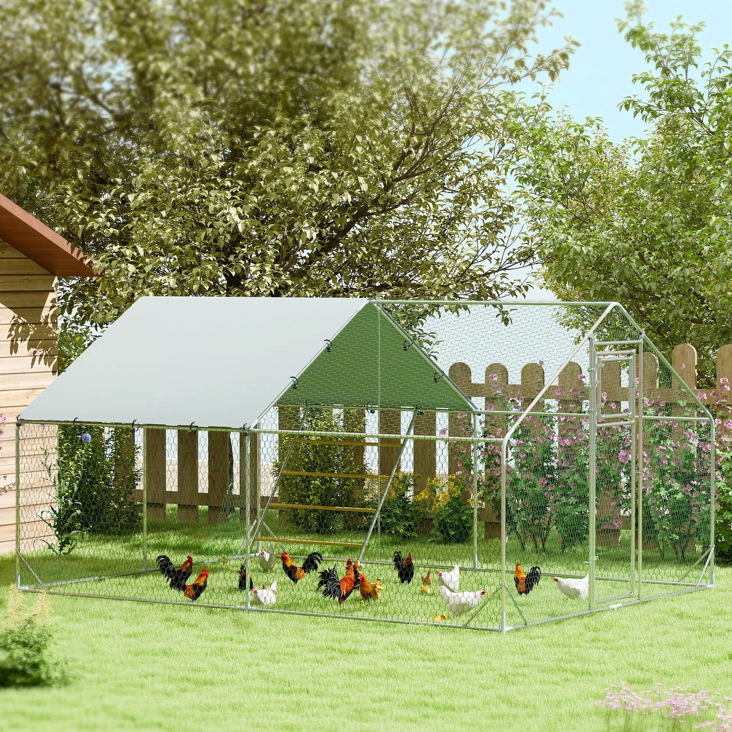 Large Metal Chicken Run, Waterproof UV-Resistant Cover, Feeding Door, Hanging Feeder, Perch, 12-18 Chickens Chicken Coops at Gallery Canada