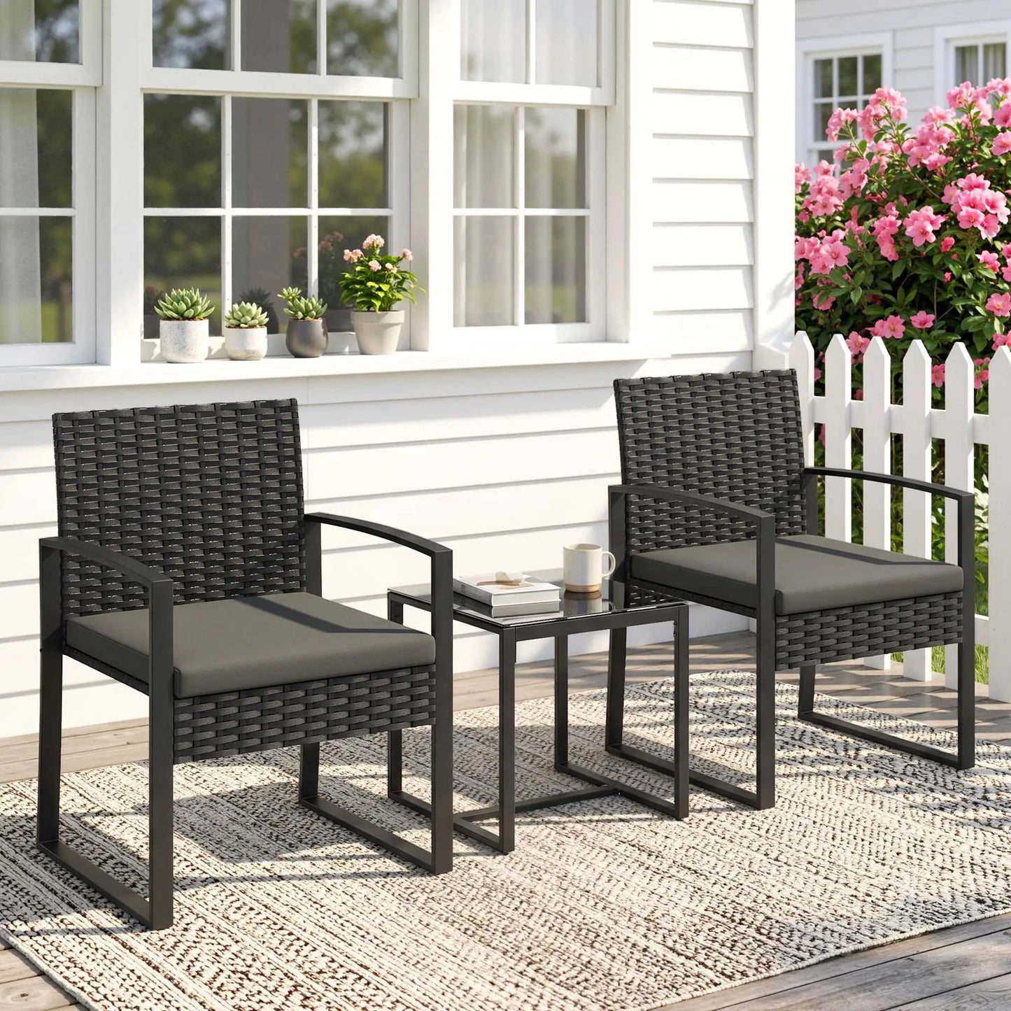 3 Piece Wicker Patio Set, Glass Top Table With Cushions, Dark Grey Bistro Sets at Gallery Canada