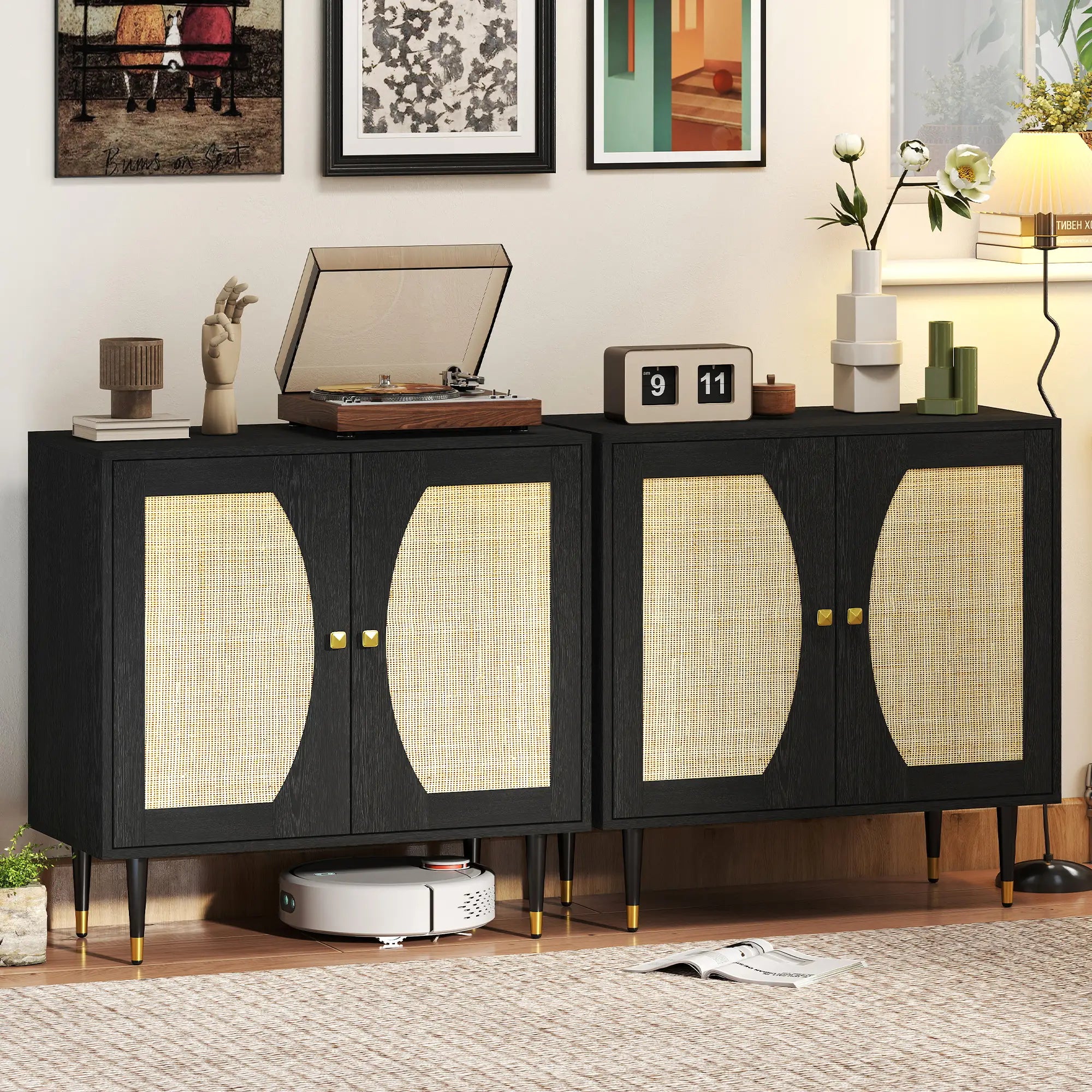 Boho Buffet Cabinet, Adjustable Shelf, Rattan Doors, 42 Inches, Black Kitchen Pantry Cabinets at Gallery Canada