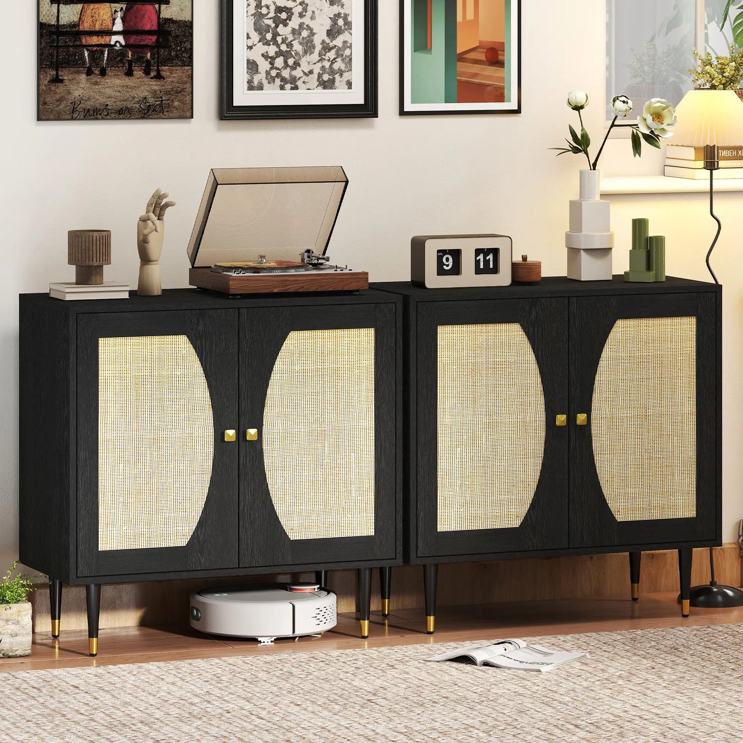 Boho Buffet Cabinet, Adjustable Shelf, Rattan Doors, 42 Inches, Black Kitchen Pantry Cabinets at Gallery Canada