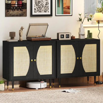Boho Buffet Cabinet, Adjustable Shelf, Rattan Doors, 42 Inches, Black Kitchen Pantry Cabinets at Gallery Canada