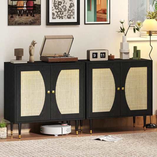 Buffet Boho, Étagère Réglable, Portes en Rotin, 42 Pouces, Noir