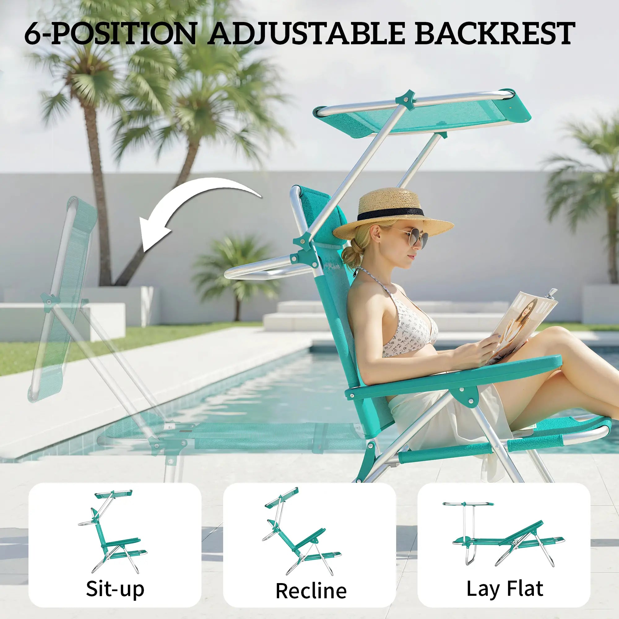 Folding Beach Chair, Adjustable Canopy, 6-Position Reclining, Turquoise Beach Accessories at Gallery Canada