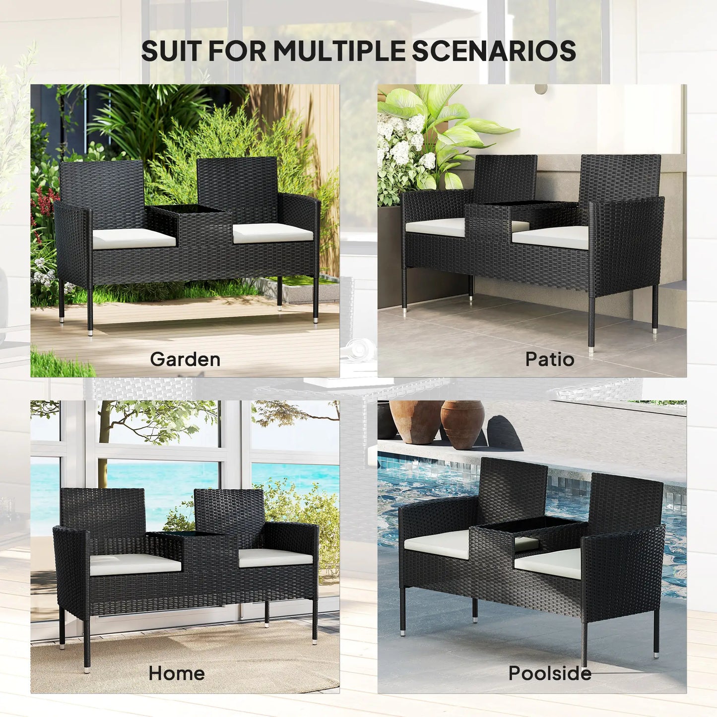 PE Rattan Loveseat with Cushion, Mid-Table, Cream White Patio Chairs at Gallery Canada