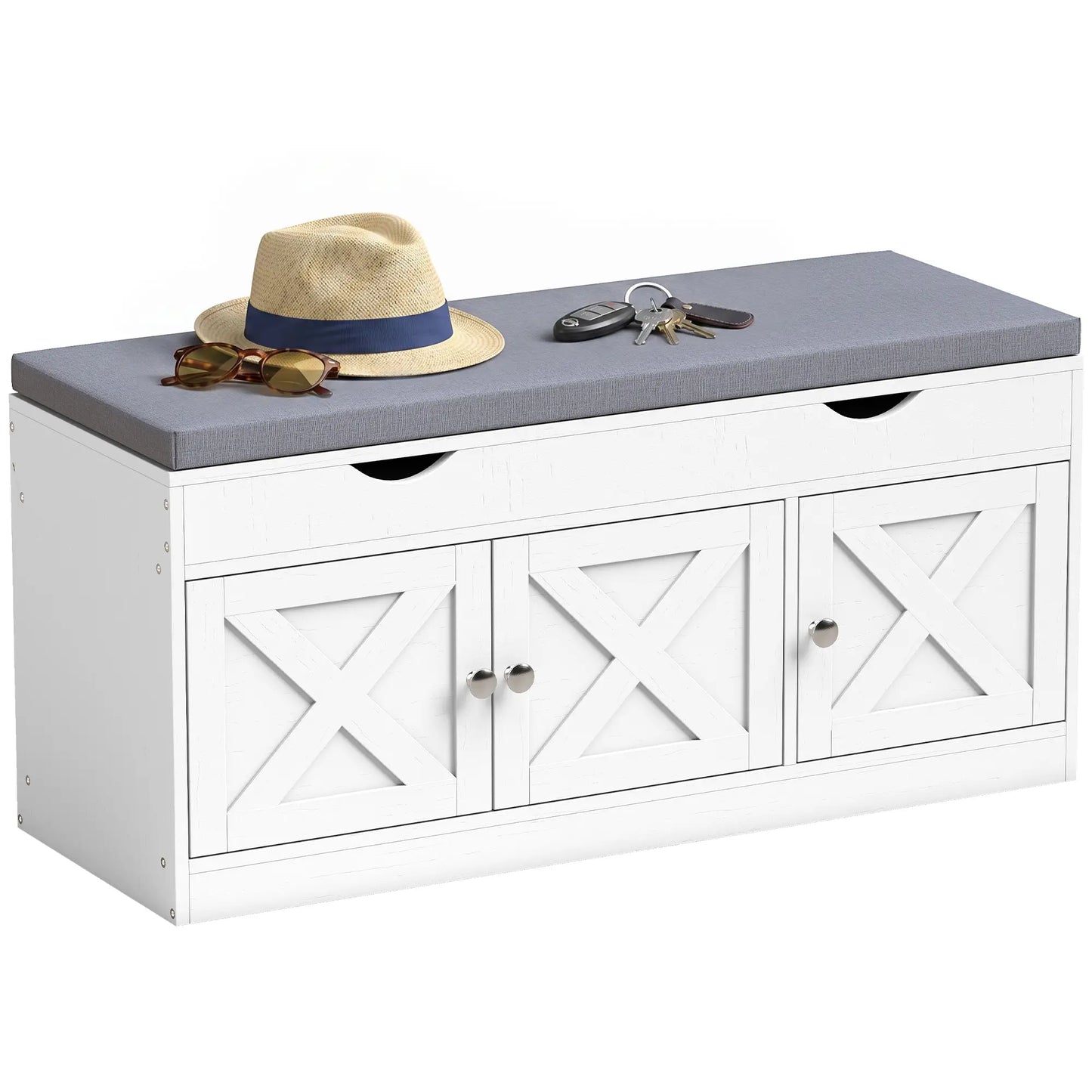 3-Door Shoe Bench with Cushion, Adjustable Shelves, White