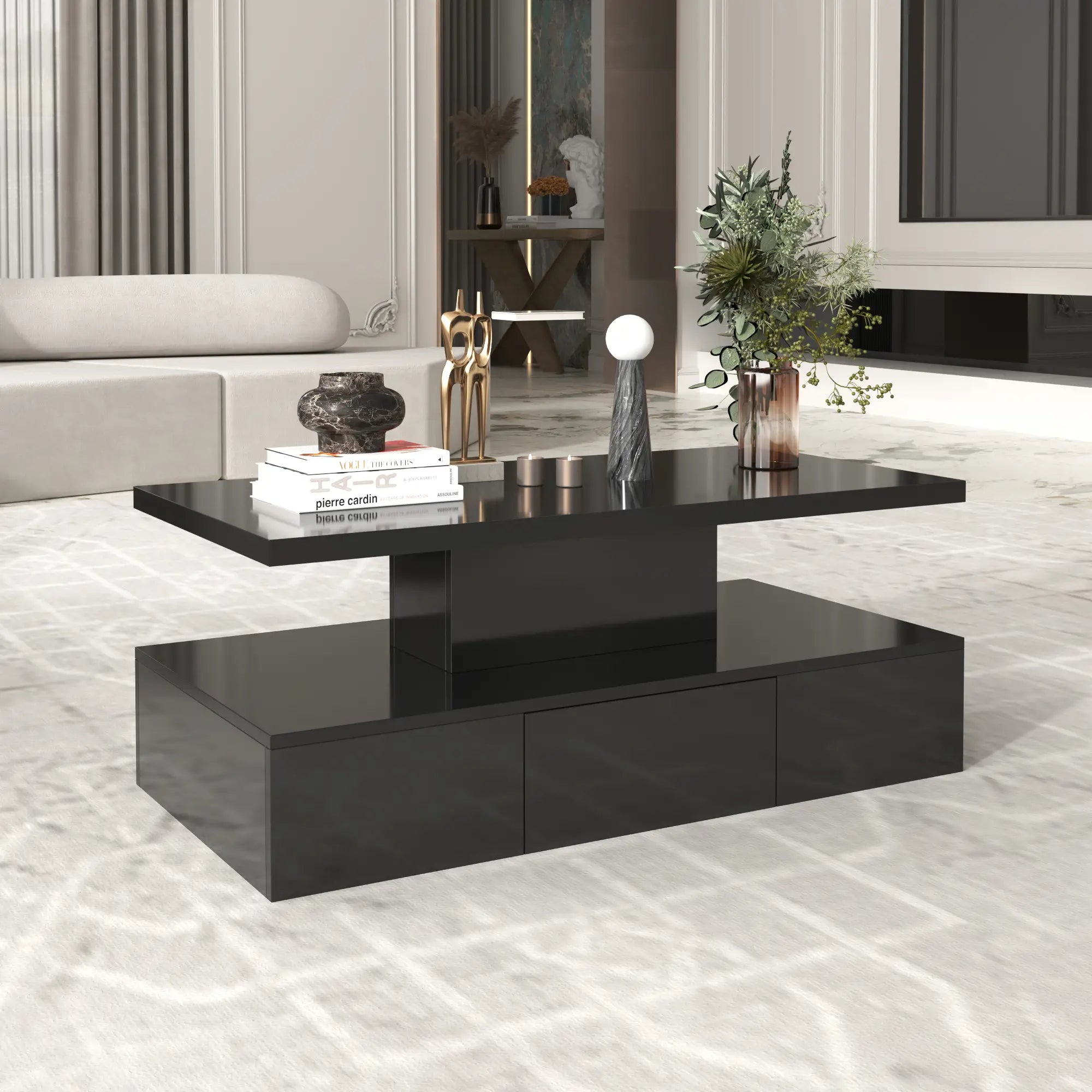 High-Gloss Coffee Table, Hidden Drawer, 39.5