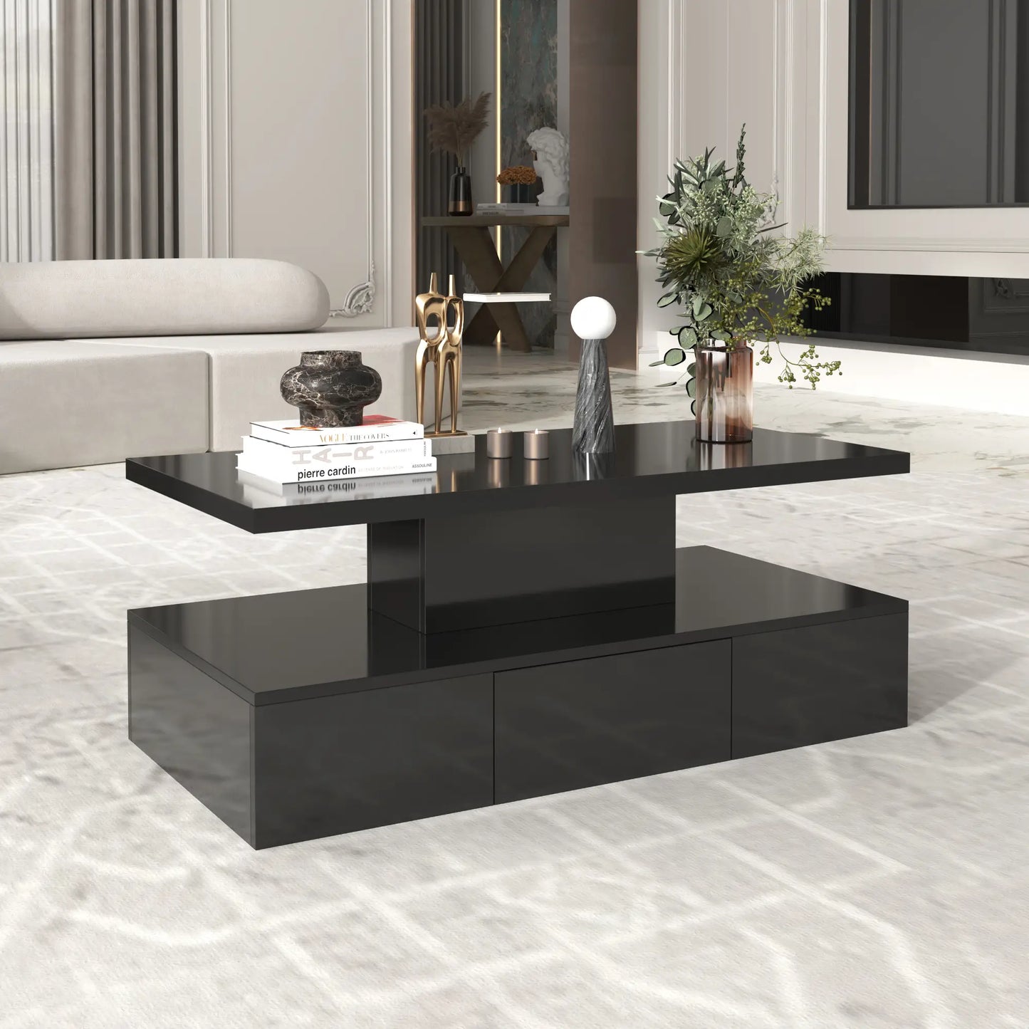 High-Gloss Coffee Table, Hidden Drawer, 39.5" L x 19.5" W x 15.5" H, Black Coffee Tables at Gallery Canada