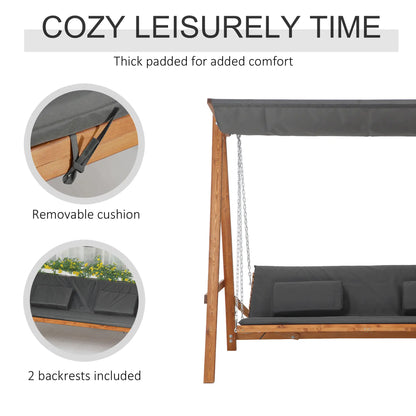 3 Seater Patio Swing Chair, Convertible Cushioned Porch Swing Bed with Canopy, Wood Frame Patio Swings with Stand at Gallery Canada