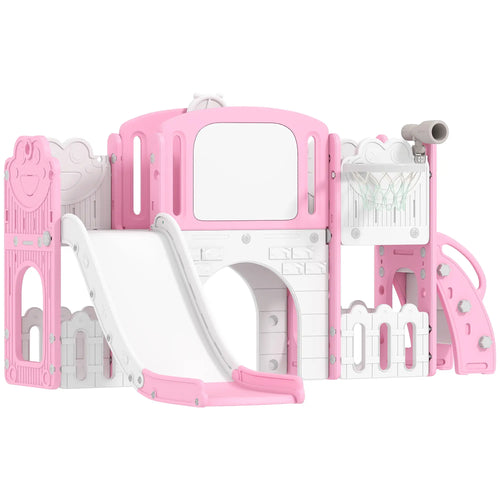 7 In 1 Toddler Slide With Basketball Hoop, Climbing Frame, Telescope, Drawing Board, Storage Box, Pink
