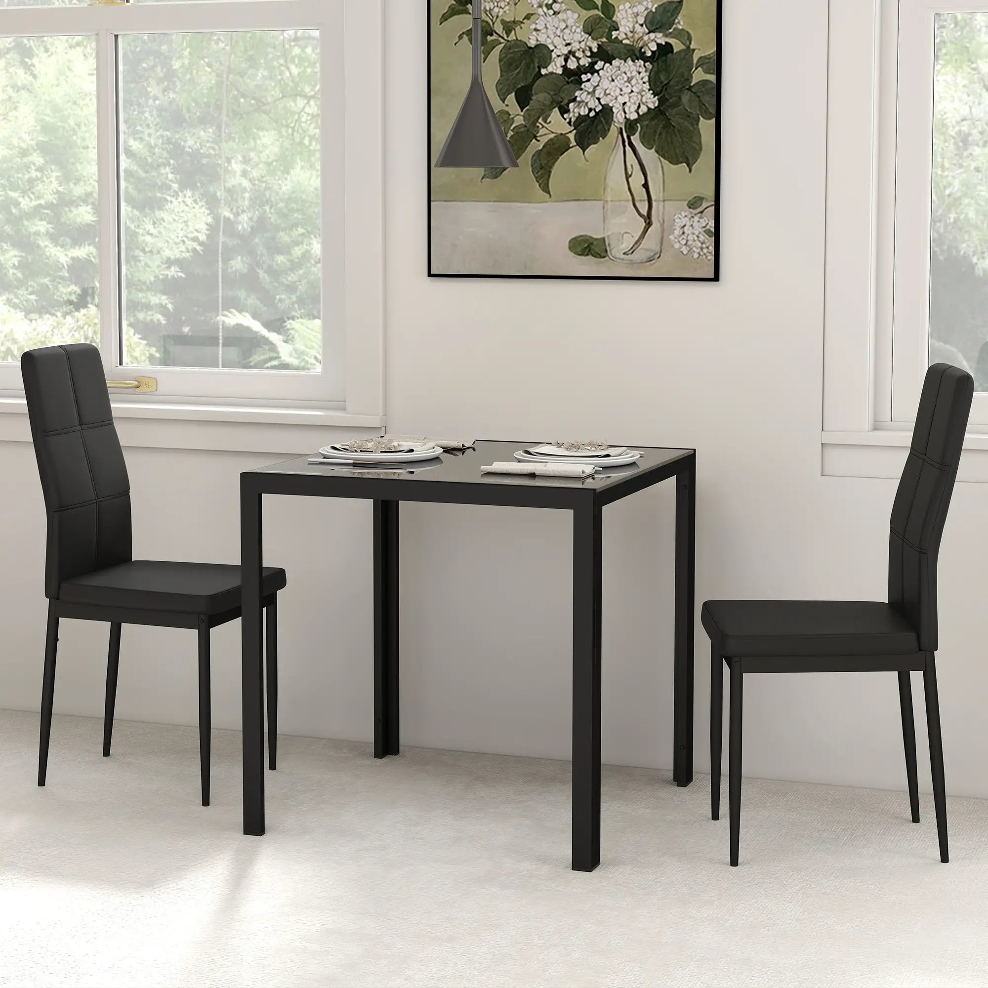 3-Piece Rectangular Glass Dining Table, Metal Frame, Faux Leather Chairs, Black Bar Sets at Gallery Canada