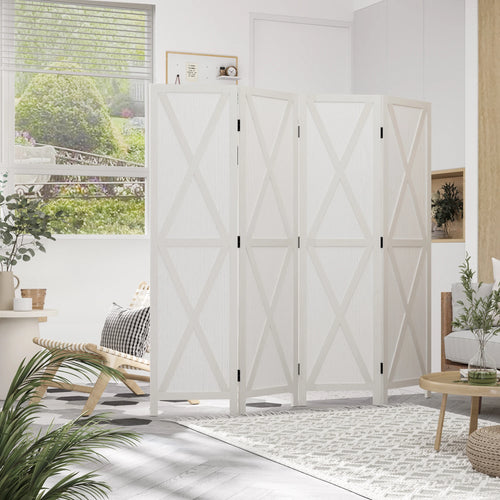 4-Panel Farmhouse Room Divider, Foldable Wooden Frame 5.6FT, White