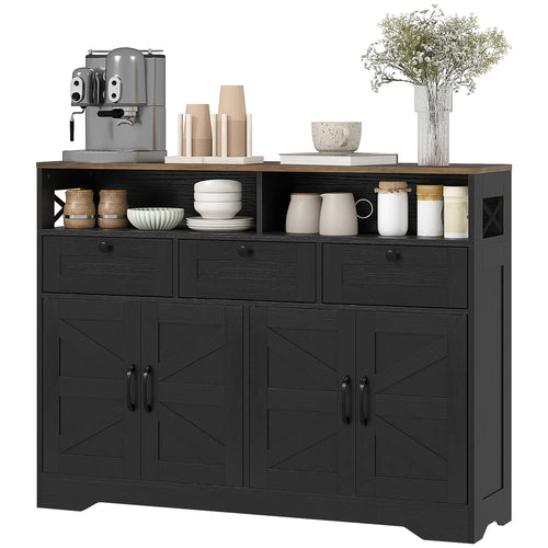 Sideboard, Buffet Cabinet with 4 Barn Doors, 3 Drawers, Black