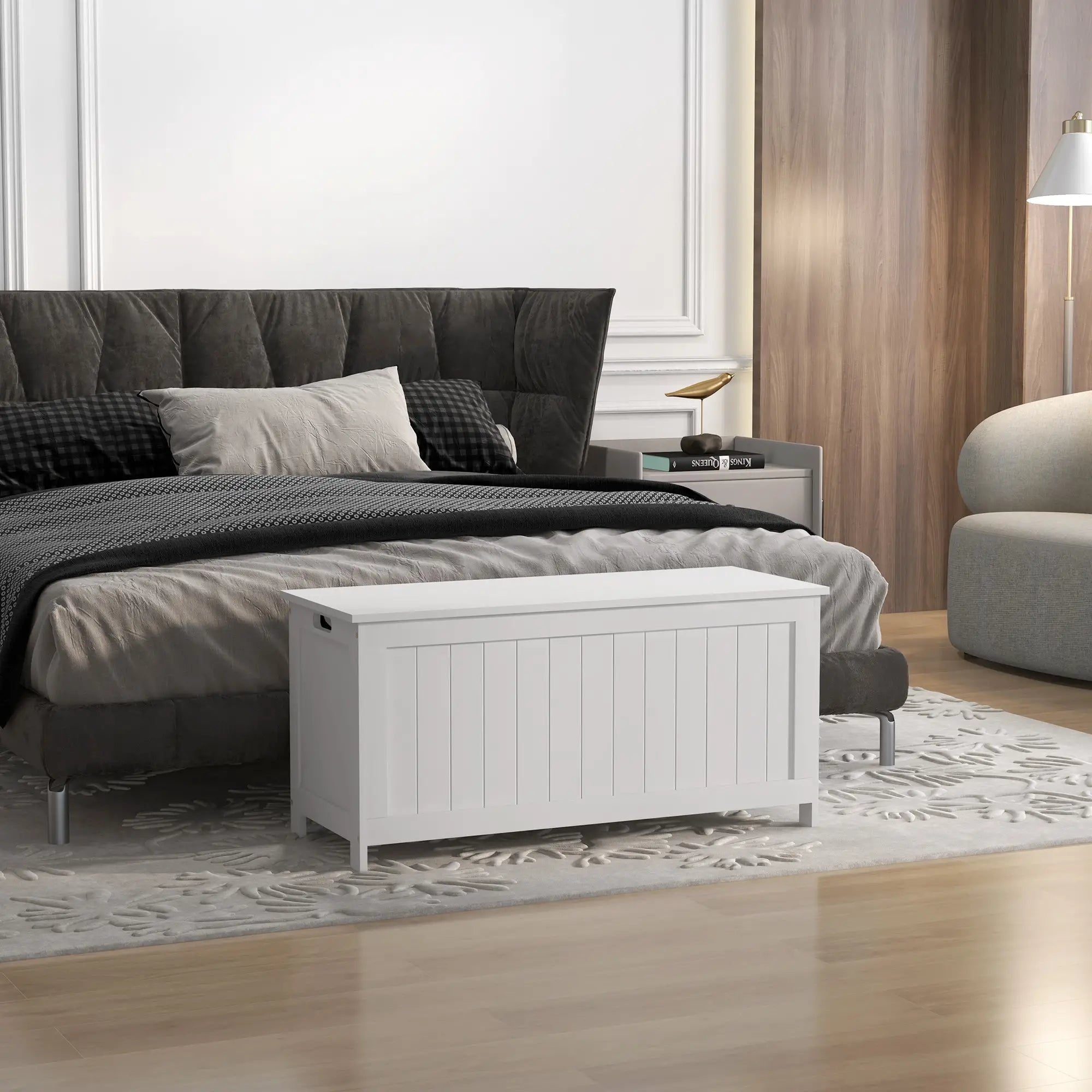 White Storage Trunk with Safety Hinges, Entryway Bench, Side Handles, White Storage Ottomans & Benches at Gallery Canada