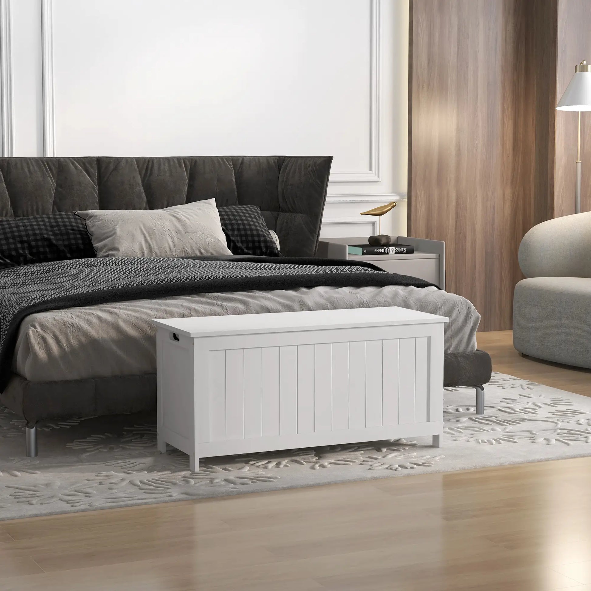 White Storage Trunk with Safety Hinges, Entryway Bench, Side Handles, White Storage Ottomans & Benches at Gallery Canada