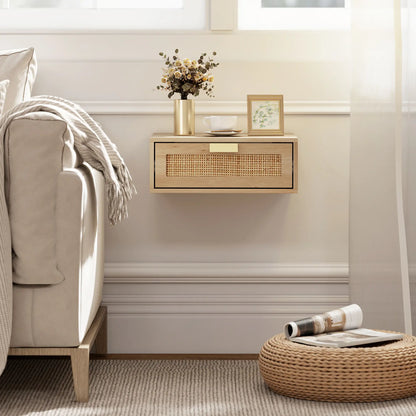 Floating Bedside Tables Set Of 2, Wall Mounted Nightstands, Rattan Drawer, Wood Effect, Oak
